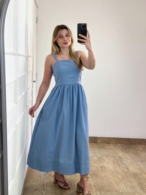 Vestido Midi Linho Azul - 388544 - RAFITA MODA FEMININA