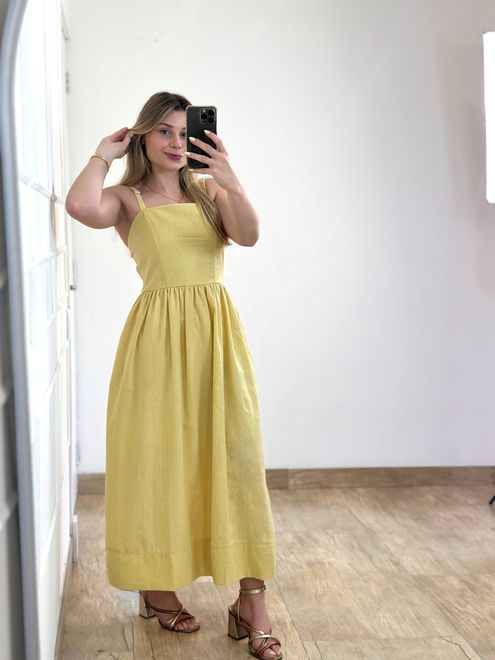 Vestido Midi Linho Amarelo - 388540 - RAFITA MODA FEMININA