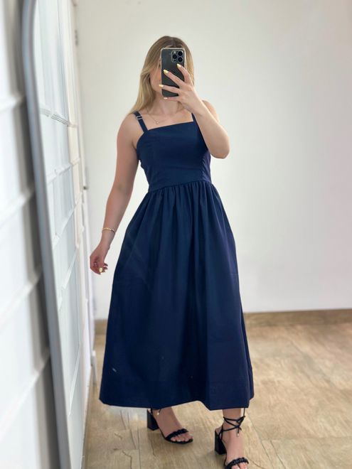 Vestido Midi Linho Azul Marinho - 388545 - RAFITA MODA FEMININA