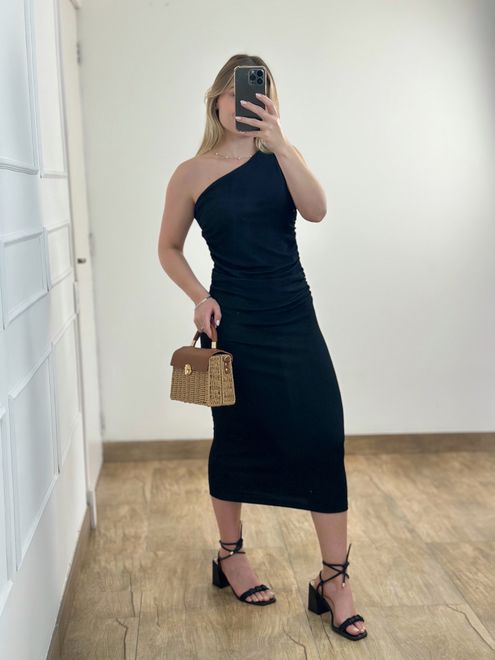 Vestido Midi Drapeado Preto - 38860 - RAFITA MODA FEMININA