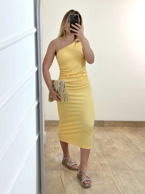 Vestido Midi Drapeado Amarelo - 38858 - RAFITA MODA FEMININA