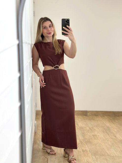 Vestido Alfaiataria Midi Marrom - 388755 - RAFITA MODA FEMININA