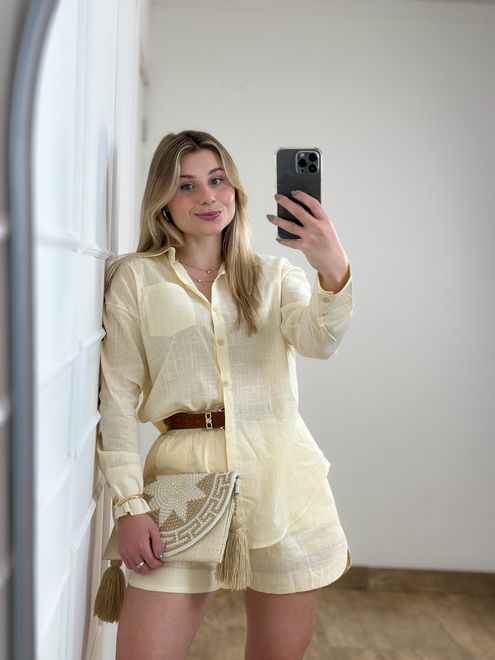 Conjunto Linho Camisa E Short Amarelo Manteiga - 3... - RAFITA MODA FEMININA