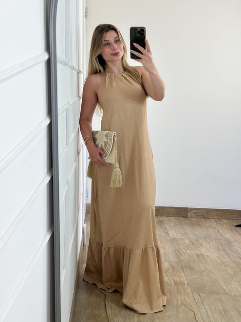 Vestido Linho Nude - 387947 - RAFITA MODA FEMININA