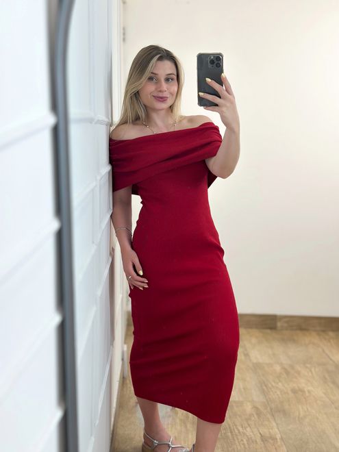 Vestido Ribana Ombro a Ombro Vermelho - 387775 - RAFITA MODA FEMININA