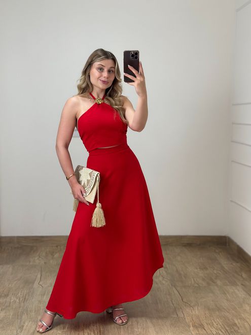 Conjunto Linho Saia Envelope e Blusa Vermelho - 74... - RAFITA MODA FEMININA