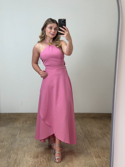 Conjunto Linho Saia Envelope e Blusa Rosa - 747754 - RAFITA MODA FEMININA