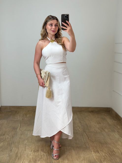Conjunto Linho Saia Envelope e Blusa Off White - 7... - RAFITA MODA FEMININA