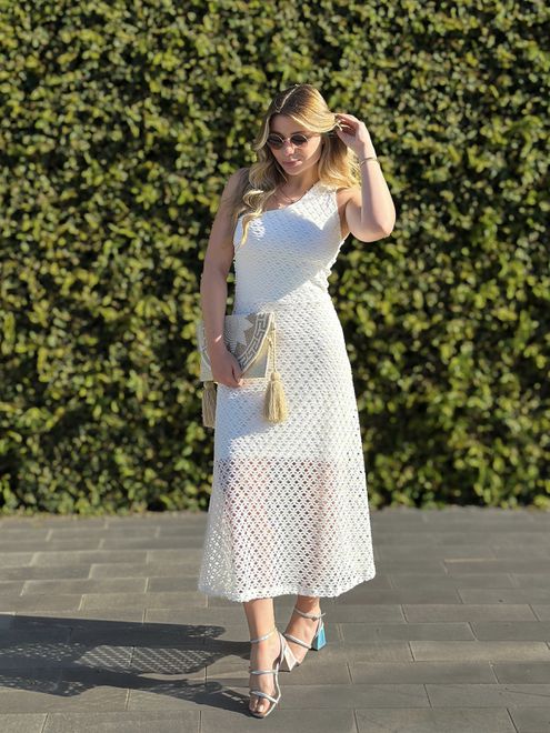 Vestido Macramê Uma Manga Branco - 56853 - RAFITA MODA FEMININA