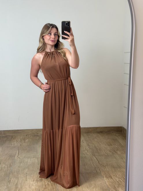Vestido Longo Tule Marrom - 178752 - RAFITA MODA FEMININA