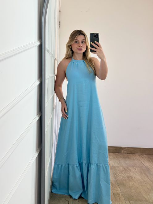 Vestido Linho Azul - 387945 - RAFITA MODA FEMININA