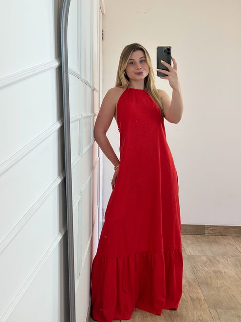 Vestido Linho Vermelho - 387943 - RAFITA MODA FEMININA