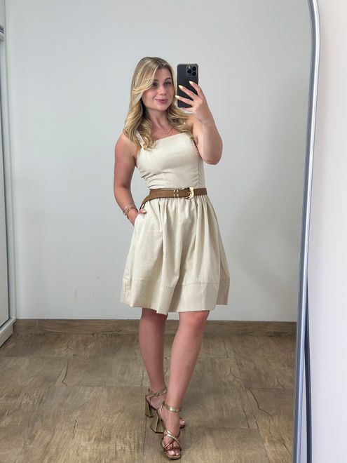 Vestido Linho Curto Cru - 173942 - RAFITA MODA FEMININA