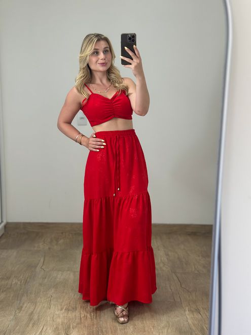 Conjunto Saia Longa e Cropped Vermelho - 35547 - RAFITA MODA FEMININA