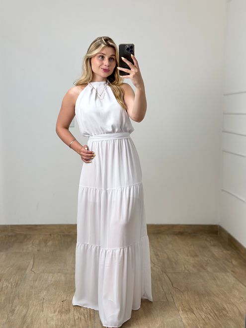 Vestido Longo Crepe Branco - 38852 - RAFITA MODA FEMININA