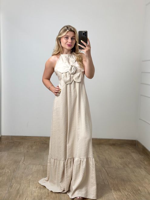 Vestido Longo Flor Nude - 10248 - RAFITA MODA FEMININA