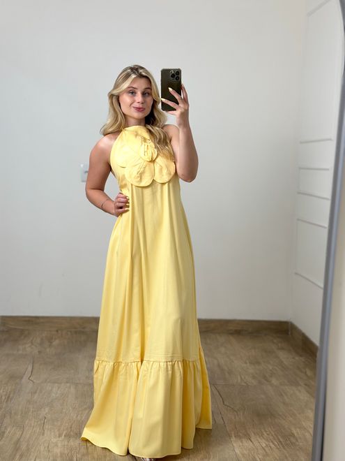 Vestido Longo Flor Amarelo - 10249 - RAFITA MODA FEMININA