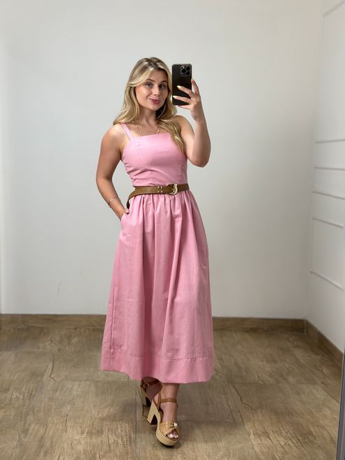 Vestido Midi Linho Rosa - 388543 - RAFITA MODA FEMININA