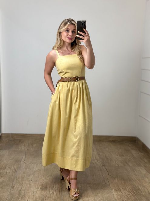 Vestido Midi Linho Amarelo - 388540 - RAFITA MODA FEMININA