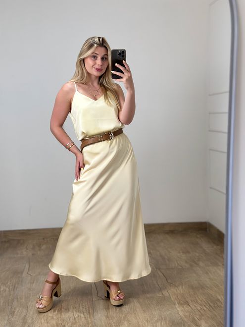 Saia Cetim Amarelo Manteiga - 15269 - RAFITA MODA FEMININA