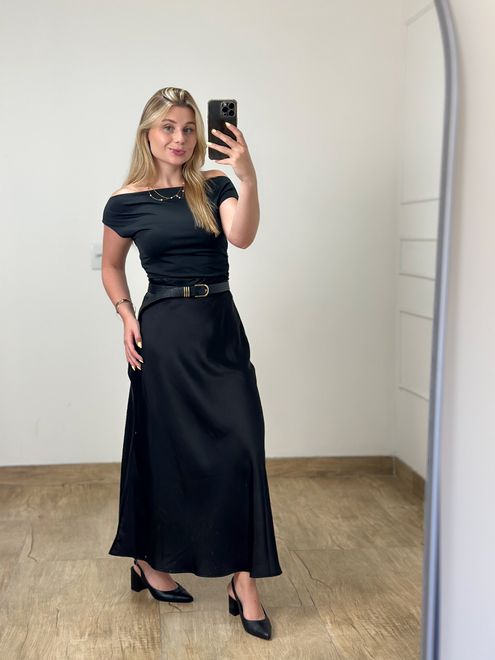 Saia Cetim Preta - 15268 - RAFITA MODA FEMININA