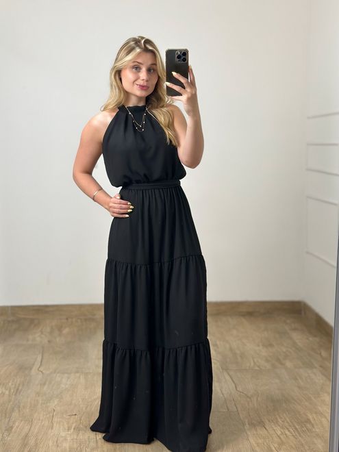 Vestido Longo Crepe Preto - 38853 - RAFITA MODA FEMININA