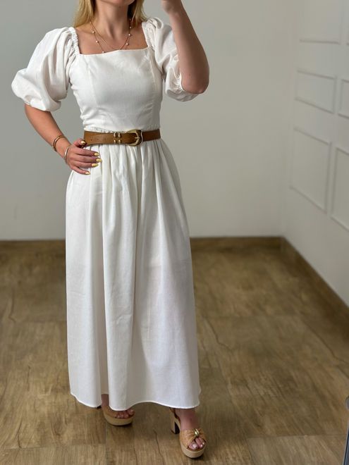 Vestido Linho Manga Off White - 157452 - RAFITA MODA FEMININA