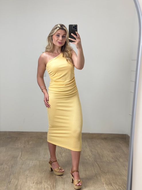 Vestido Midi Drapeado Amarelo - 38858 - RAFITA MODA FEMININA