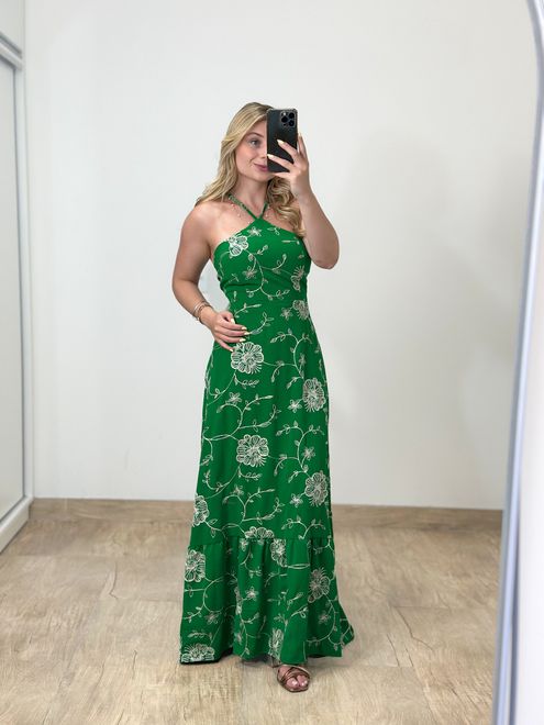 Vestido Longo Bordado Verde - 15474 - RAFITA MODA FEMININA