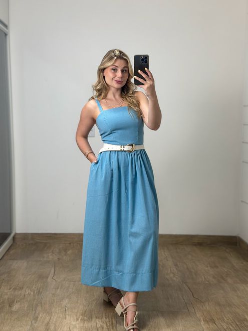 Vestido Midi Linho Azul - 388544 - RAFITA MODA FEMININA