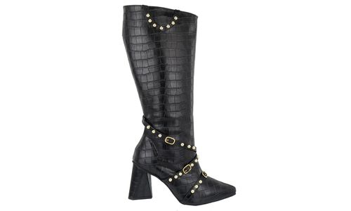 Bota Feminina Cano Longo Salto Triângulo Croco Pre... - LOJADFLORA