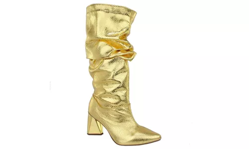 Bota Slouchy Salto Médio Triangular Cristal Ouro 2... - LOJADFLORA