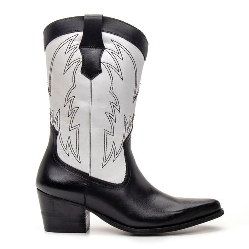 BOTA TEXANA CANO MÉDIO FEMININA COURO PRETO E BRANCO