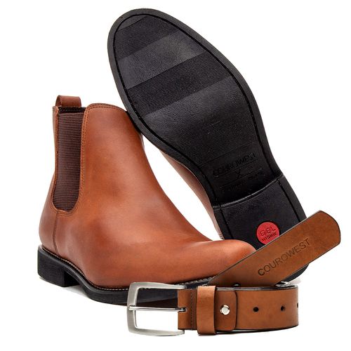 KIT BOTA CHELSEA E CINTO COURO HIDROFUGADO CARAMELO