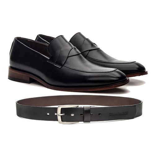 KIT SAPATO LOAFER FRANCÊS COURO NOBRE PRETO + CINTO