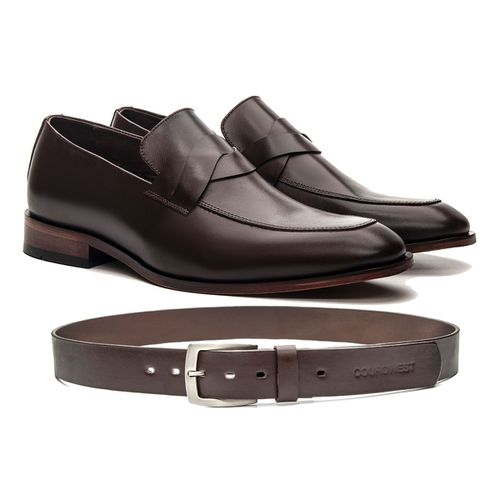 KIT SAPATO LOAFER FRANCÊS COURO NOBRE CAFÉ + CINTO