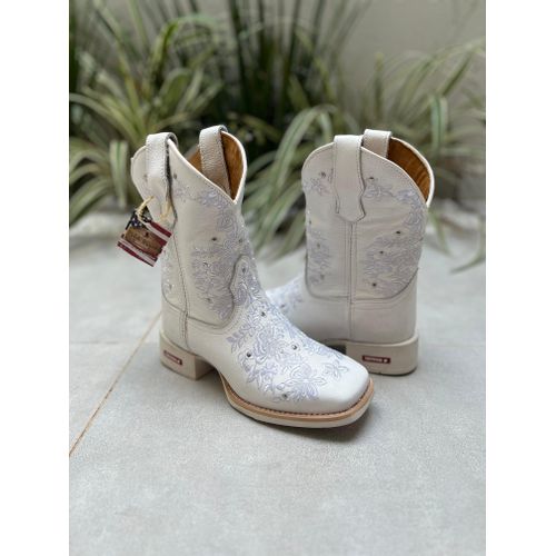 TEXANA EM COURO BRANCO CANO CAPOTINHA BORDADO FLOR... - Botas Texanas Bruto