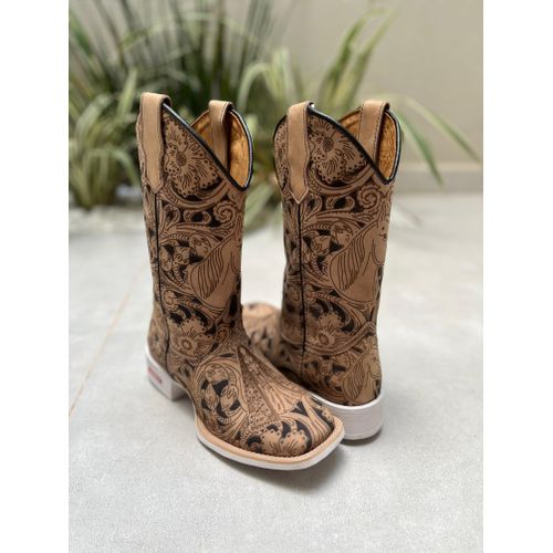 BOTA TEXANA EM COURO A LASER CAVALO + NOSSA SENHOR... - Botas Texanas Bruto