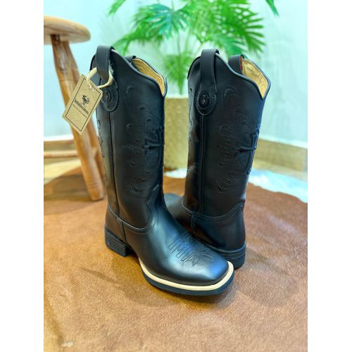 BOTA TEXANA EM COURO PRETO BORDADO ALL BLACK CRUZ ... - Botas Texanas Bruto