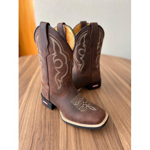 BOTA TEXANA EM COURO MARROM BÁSICA BORDADO BEGE CA... - Botas Texanas Bruto