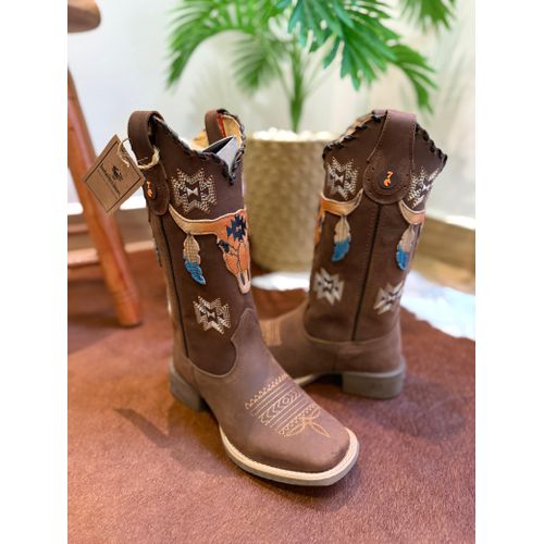 BOTA TEXANA EM COURO HORSE NESCAU BORDADO E RECORT... - Botas Texanas Bruto
