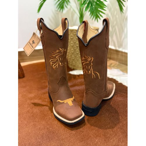 BOTA TEXANA EM COURO HORSE NESCAU BORDADO CAVALO E... - Botas Texanas Bruto