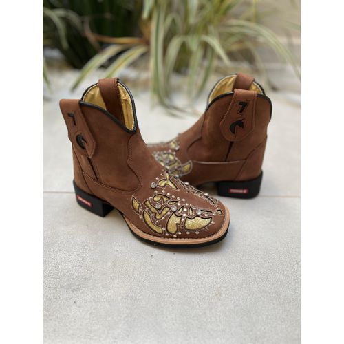 BOTINA CANO MÉDIO COURO MARROM A LASER DOURADO COM... - Botas Texanas Bruto