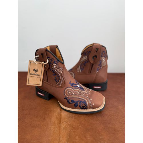 BOTINA CANO MÉDIO EM COURO MARROM BORDADO TRIBAL A... - Botas Texanas Bruto