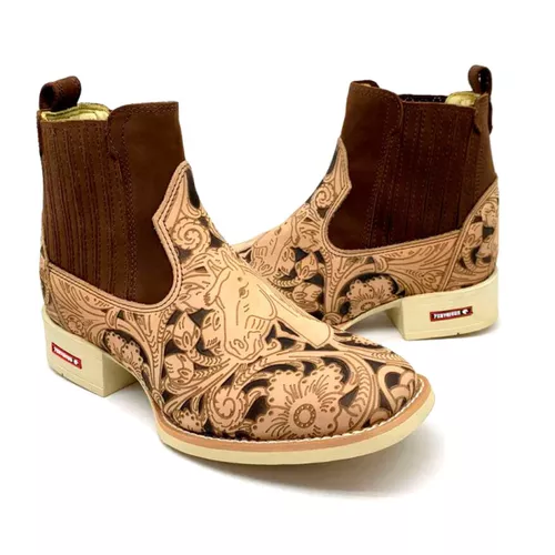 BOTINA EM COURO PINTURA CAVALOS A LASER - bcm9 - Botas Texanas Bruto