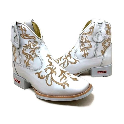 BOTINA CANO MÉDIO COURO BRANCO BORDADO DOURADO - B... - Botas Texanas Bruto