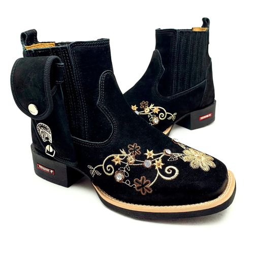 KIT BOTINA EM COURO NOBUCK PRETO BORDADO FLORES + ... - Botas Texanas Bruto
