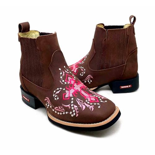 BOTINA EM COURO MARROM BORDADO CRUZ ROSA E BRANCO ... - Botas Texanas Bruto