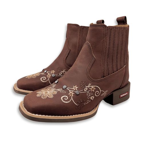 BOTINA EM COURO MARROM BORDADO FLORES COM METAIS ... - Botas Texanas Bruto