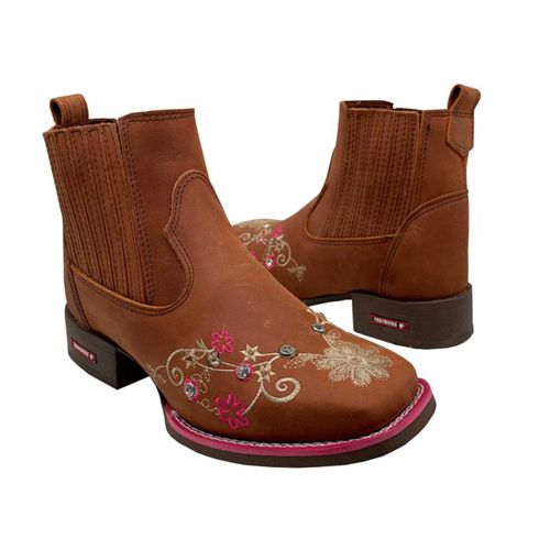 BOTINA EM COURO CARAMELO BORDADO FLORES ROSA COM M... - Botas Texanas Bruto